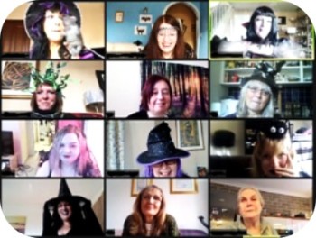 Screenshot of ladies attending online group on Zoom, dressed up for Halloween
