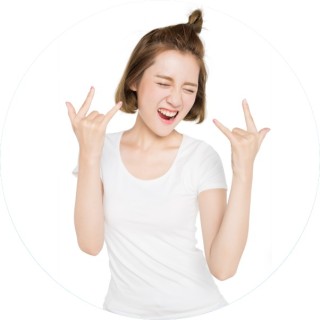 Woman singing and holding up her fingers rock music style