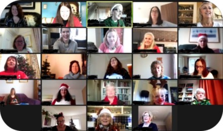 Screenshot of our ladies at a session on  Zoom dressed up for our Christmas celebration